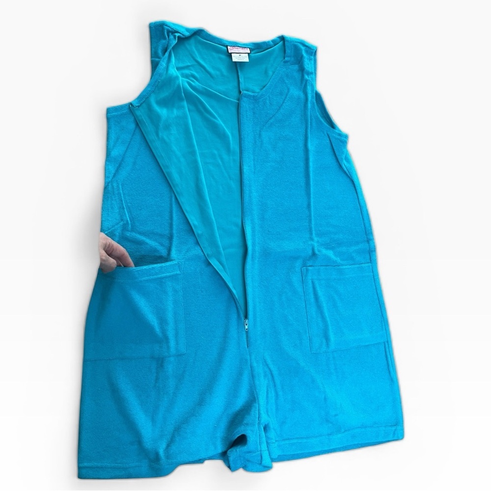 Vintage Granada Turquoise Terry Cloth Cover Up Sleeveless Zip Front Pockets Sz M - Picture 5 of 6